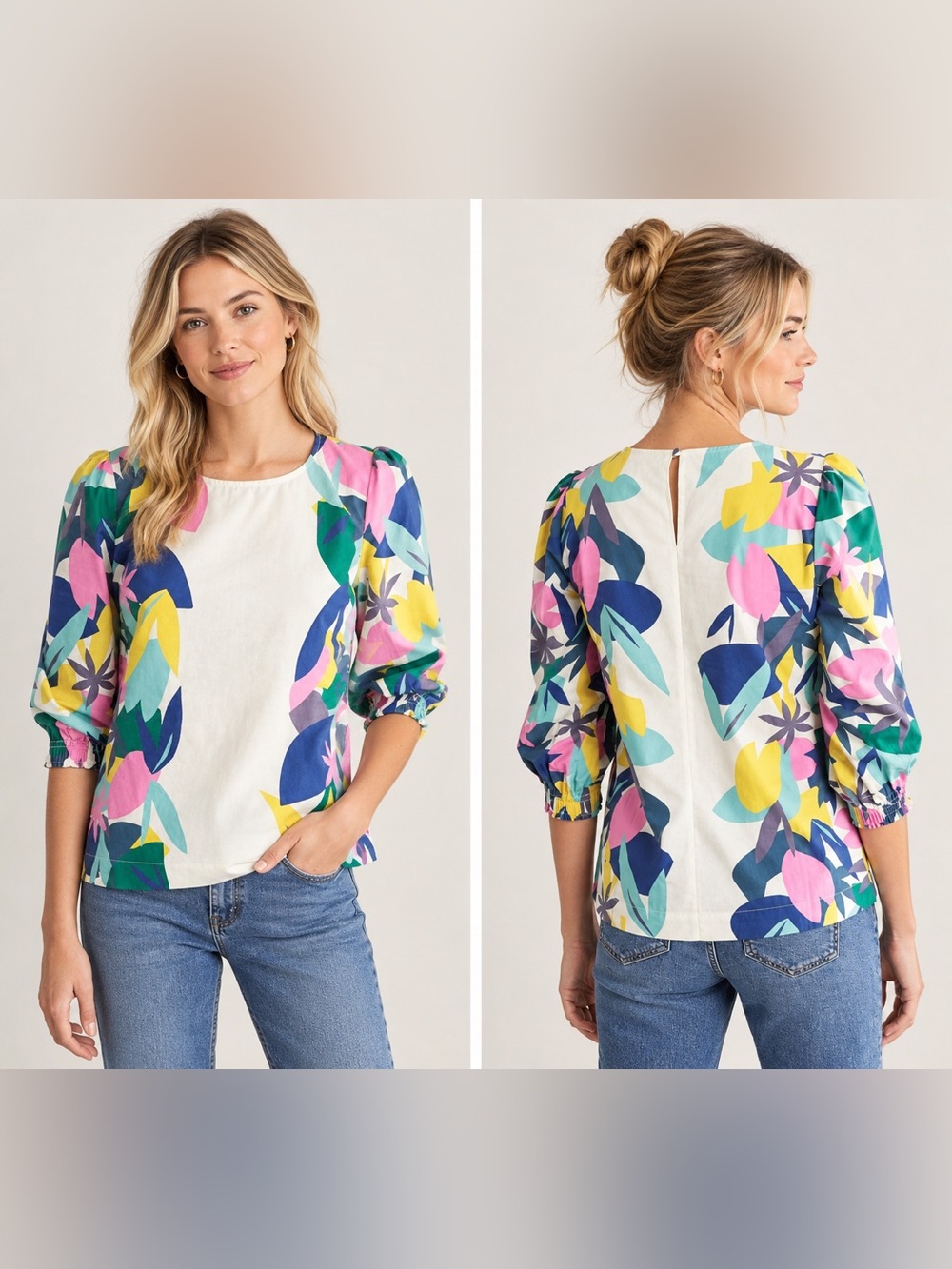 Boden Joanna Ivory Abstract Palm Tropical 100% Cotton Lightweight Breathable Top